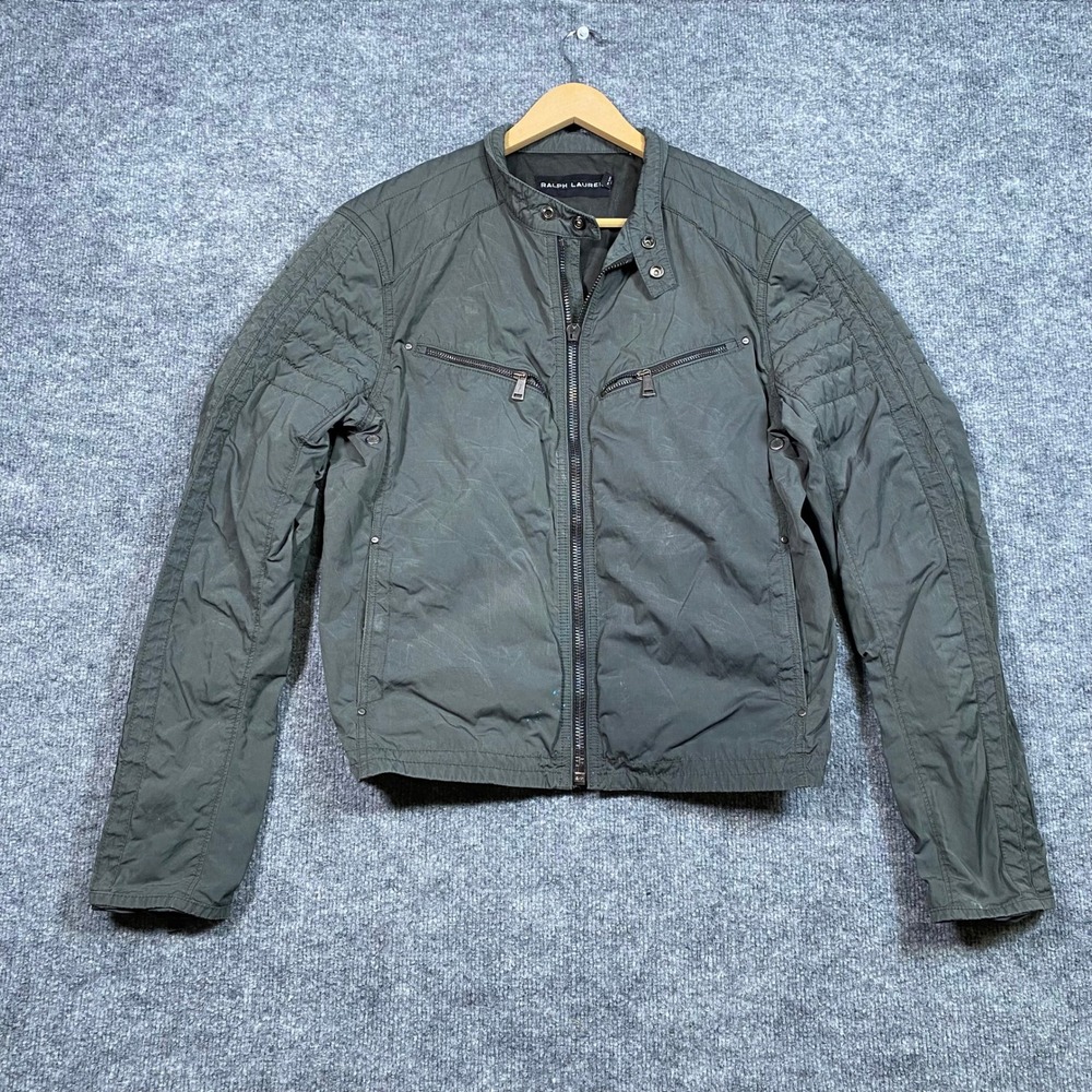 Ralph Lauren Mens Cafe Racer Moto Jacket Green Size M Broken Zipper Distressed